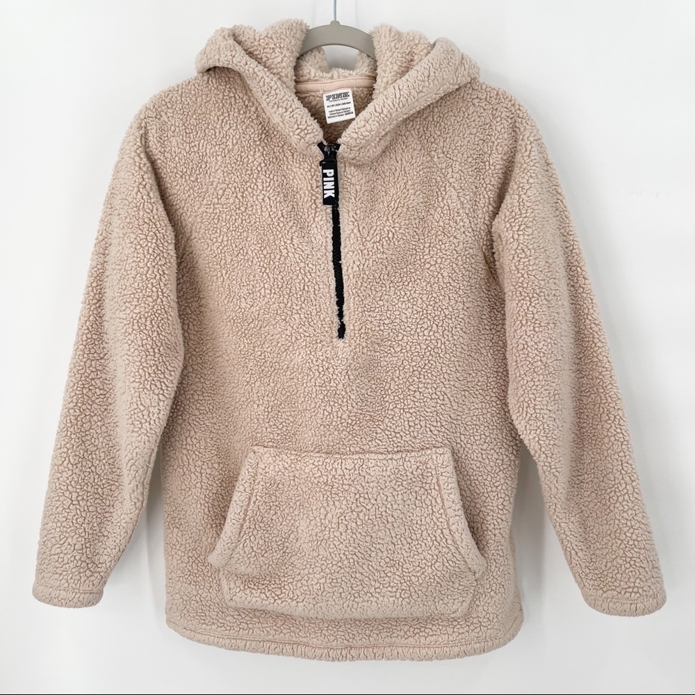 Pink by Victorias Secret Cream Sherpa Half Zip Hoodie Pullover Oversized XS